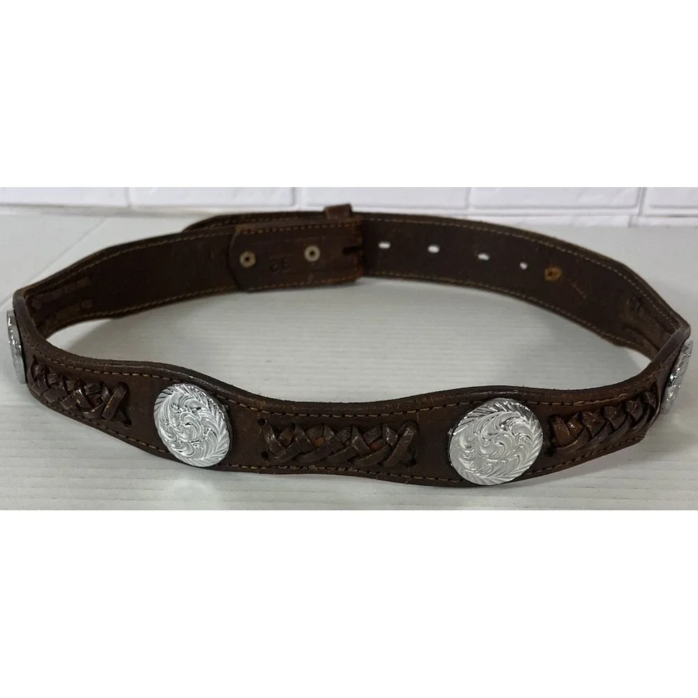 Unbranded Leather‎ Belt Mens 32 Brown Vintage Western Concho Braided Scalloped